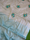 Banarasee Handloom Pure Linen By Tissue Embroidered Saree-Silver(Blue Shade)