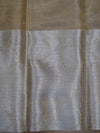 Banarasee Handwoven Broad Border Tissue Saree With Embroidered Floral Buta-Silver