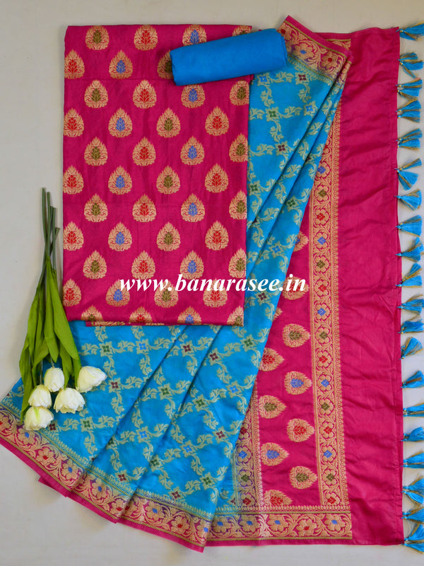 Banarasee Salwar Kameez Glossy Semi Silk Fabric-Pink & Blue