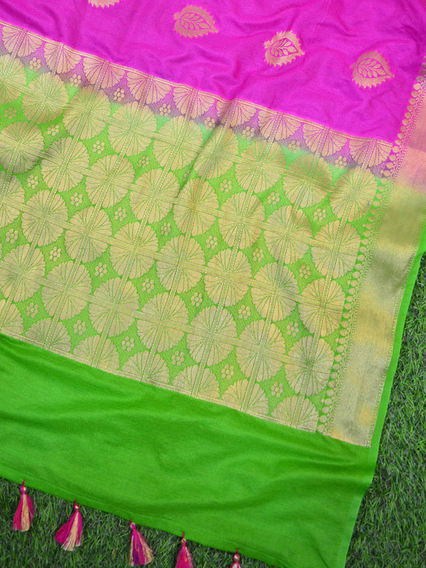 Banarasee Handwoven Semi-Chiffon Sari With Buta Design-Pink With Green