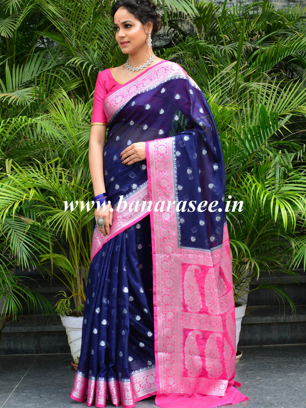 Banarasee Handwoven Semi-Chiffon Saree With Silver Zari Buti Design & Contrast Border-Blue