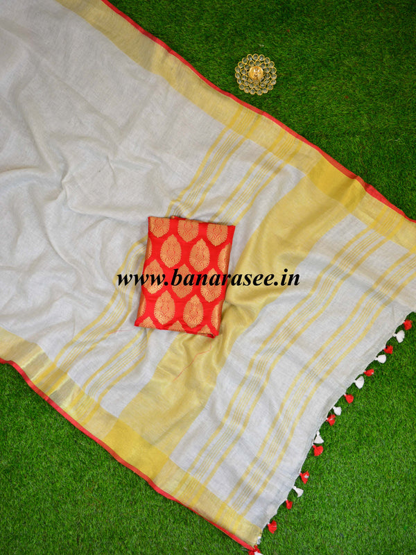 Banarasee Handloom Pure Linen Saree With Red Brocade Blouse-Off White