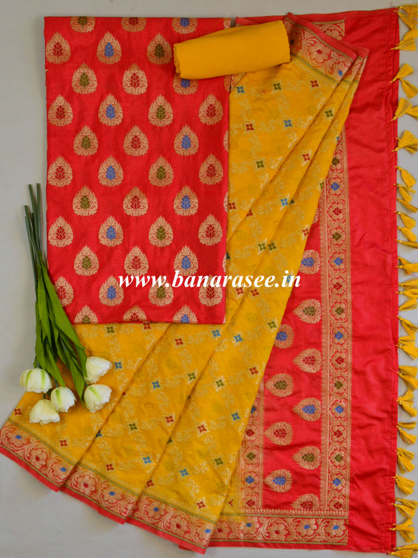 Banarasee Salwar Kameez Glossy Semi Silk Fabric-Yellow & Red