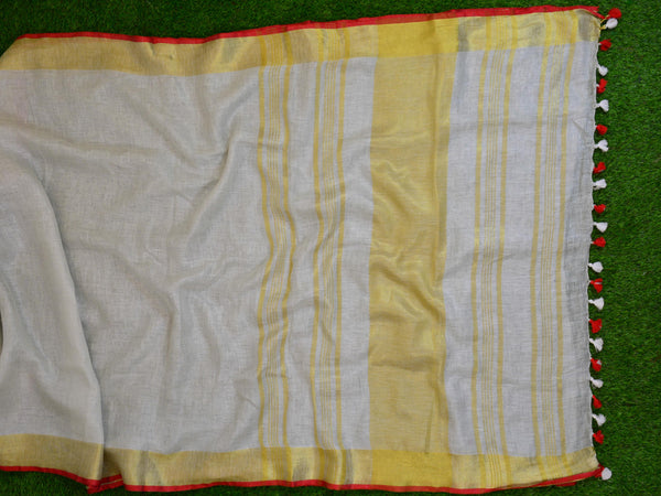 Banarasee Handloom Pure Linen Saree With Red Brocade Blouse-Off White