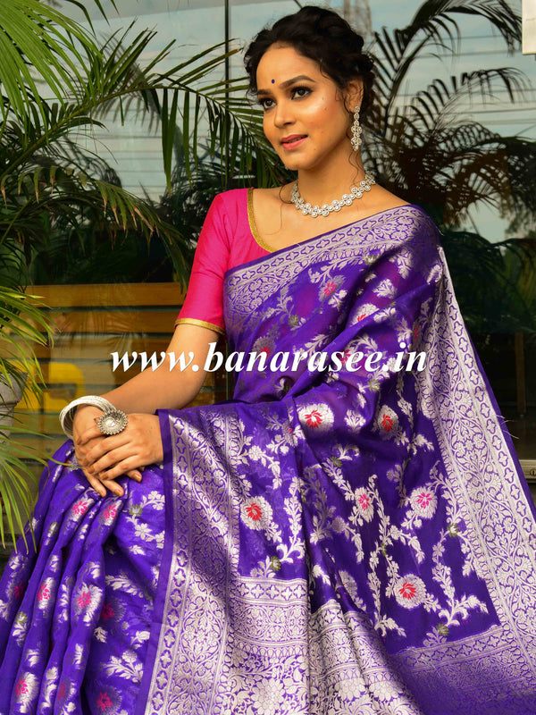 Banarasee Handwoven Semi-Chiffon Saree With Jaal Design & Floral Border-Purple