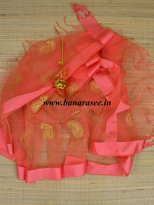 Banarasee Embroidered Gold Buta Design Organza Dupatta-Peach