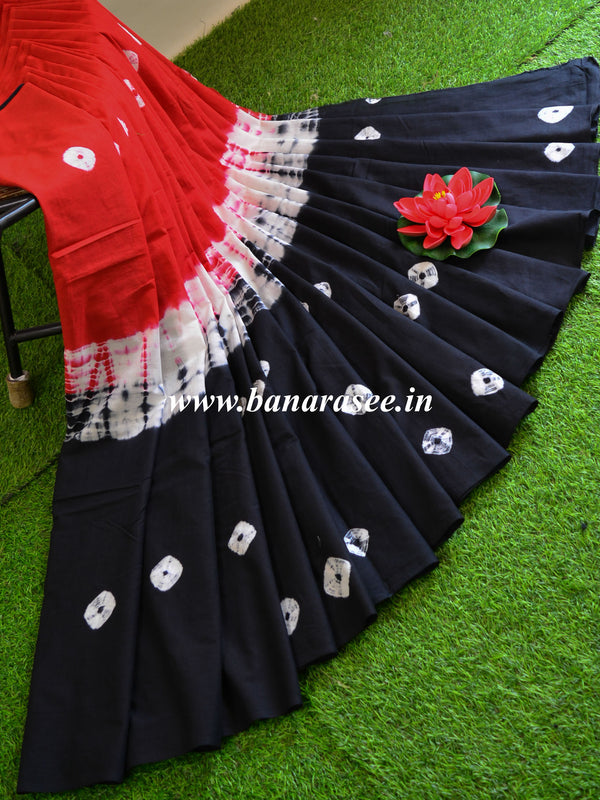 Handloom Mul Cotton Hand Shibori Saree-Red & Black