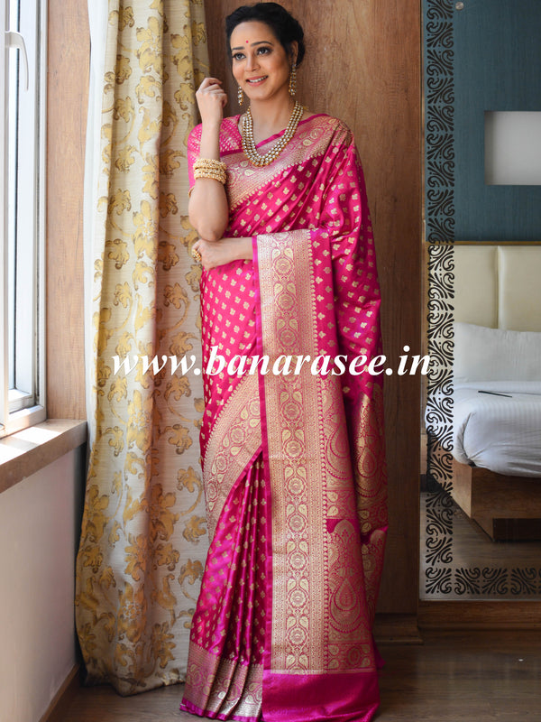 Banarasee Handwoven Satin Silk Gold Zari Buti Weaving Saree-Pink