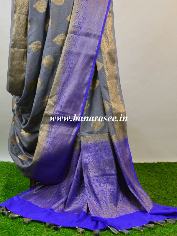 Banarasee Handwoven Semi-Chiffon Sari With Buta Design-Gray With Blue