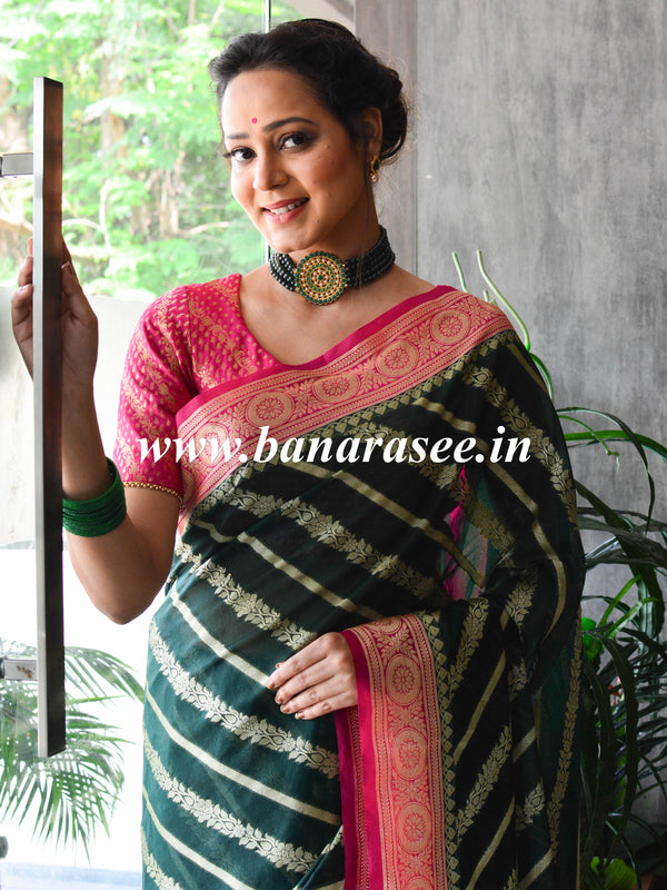 Banarasee Handwoven Semi-Chiffon Saree With Stripes Design & Border-Green & Pink