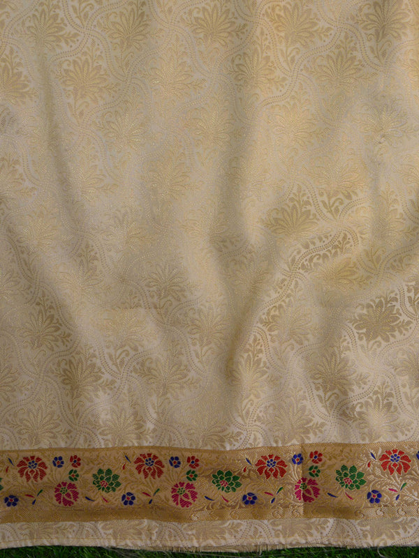 Banarasee Satin Brocade Salwar Kameez Fabric With Chiffon Dupatta-White & Pink