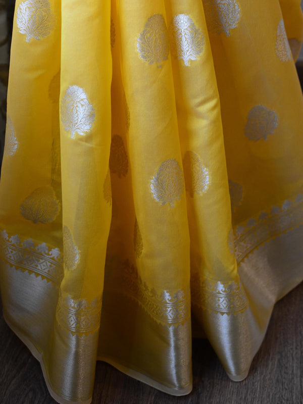 Banarasee Handwoven Semi Silk Saree With Zari Buti & Border-Yellow