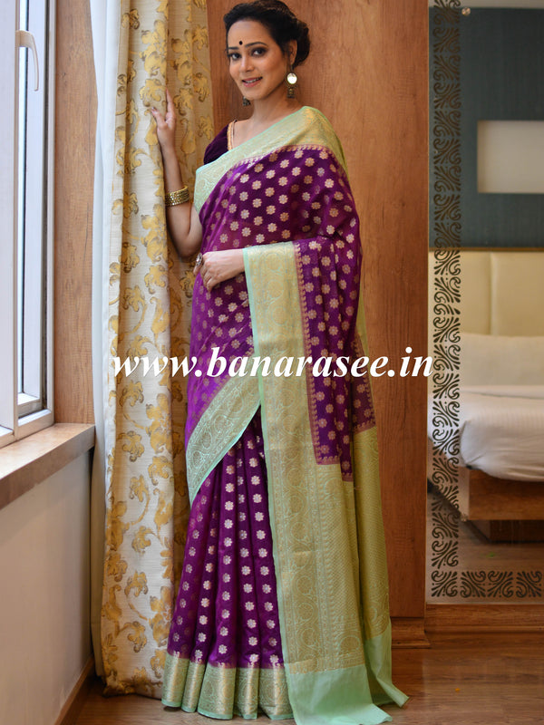 Banarasee Handwoven Semi-Chiffon Saree With Zari Buti & Contrast Border-Violet & Green