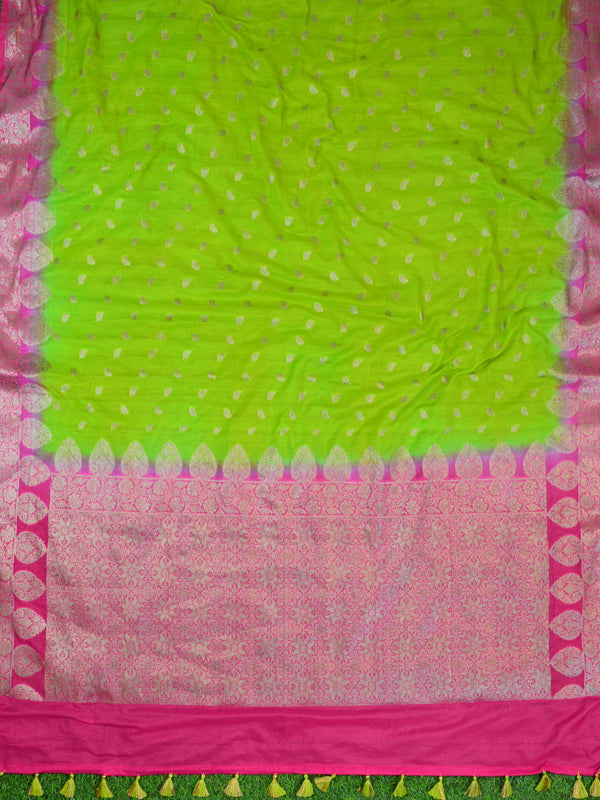 Banarasee Handwoven Semi-Chiffon Sari With Buta Design-Green With Pink