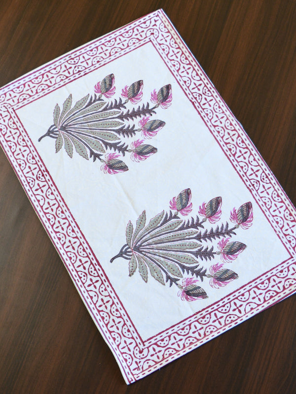 Cotton Handblock Printed Mat & Napkin Set-White