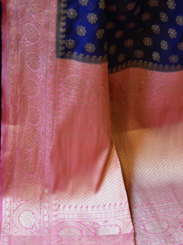 Banarasee Handwoven Semi-Chiffon Saree With Zari Buti & Contrast Border-Blue
