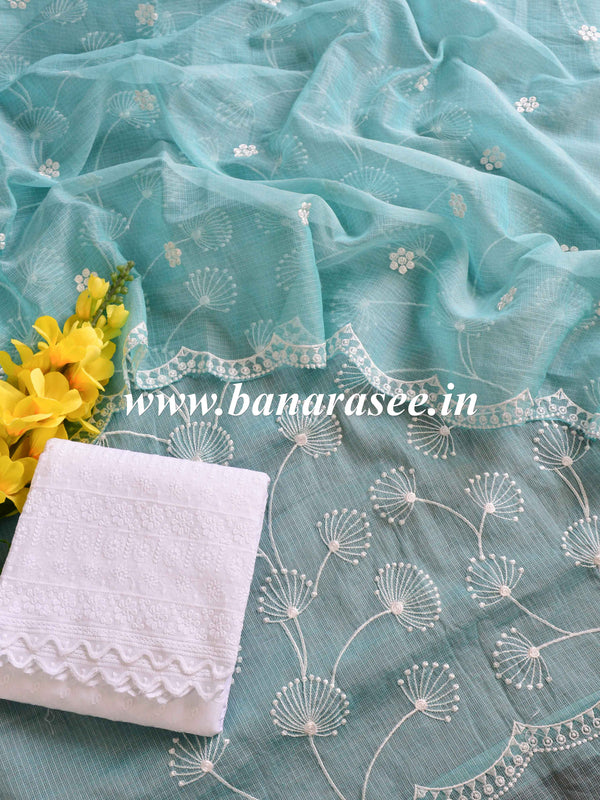 Banarasee Kota Doria Hand-Embroidered Salwar Kameez Dupatta Set-Blue