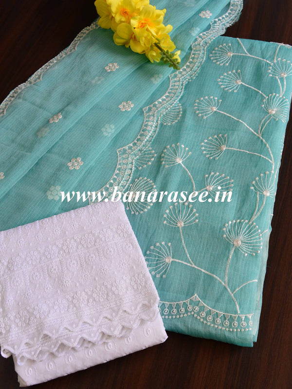 Banarasee Kota Doria Hand-Embroidered Salwar Kameez Dupatta Set-Blue