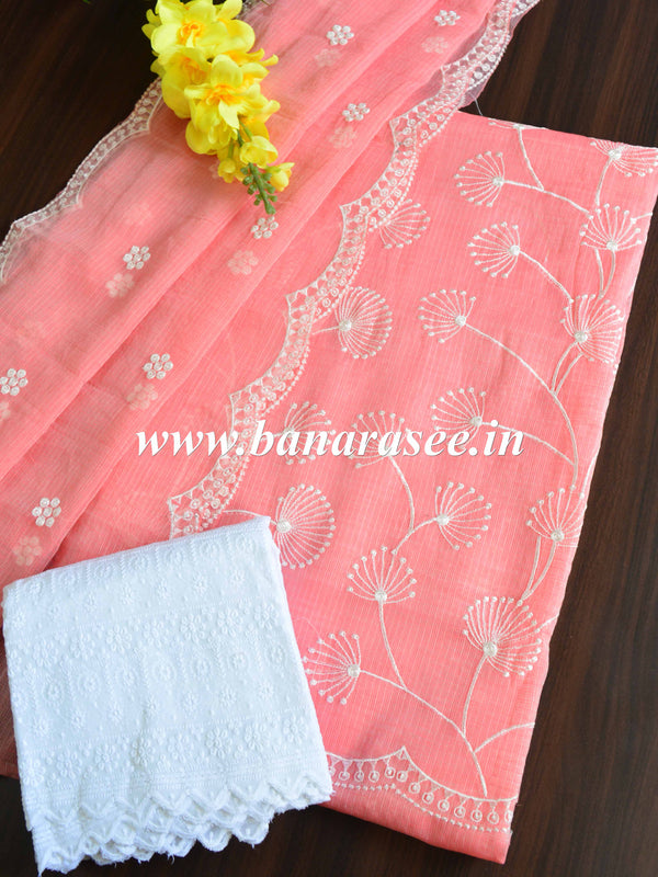 Banarasee Kota Doria Hand-Embroidered Salwar Kameez Dupatta Set-Peach