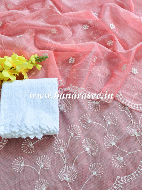 Banarasee Kota Doria Hand-Embroidered Salwar Kameez Dupatta Set-Peach