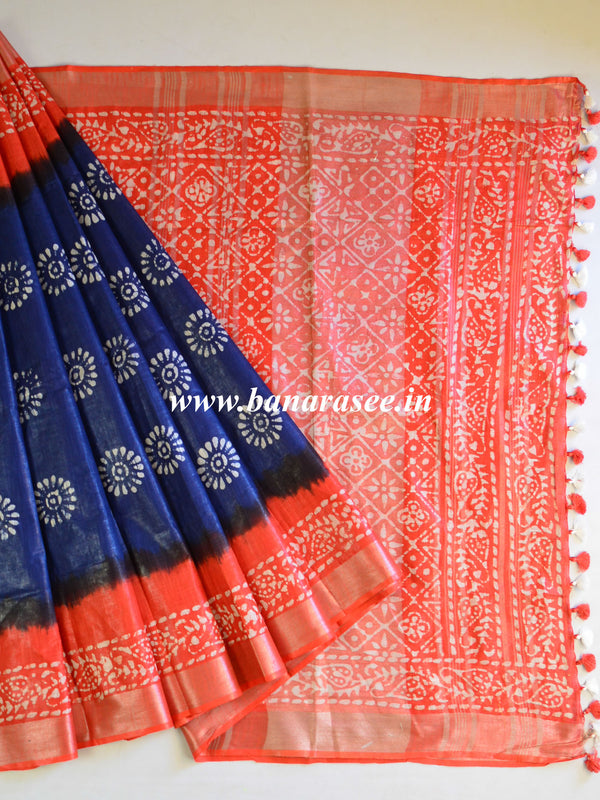 Bhagalpur Handloom Pure Linen Cotton Hand-Dyed Batik Pattern Saree-Blue & Red