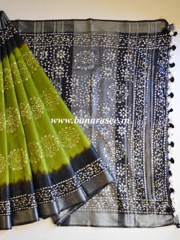 Bhagalpur Handloom Pure Linen Cotton Hand-Dyed Batik Pattern Saree-Green & Black