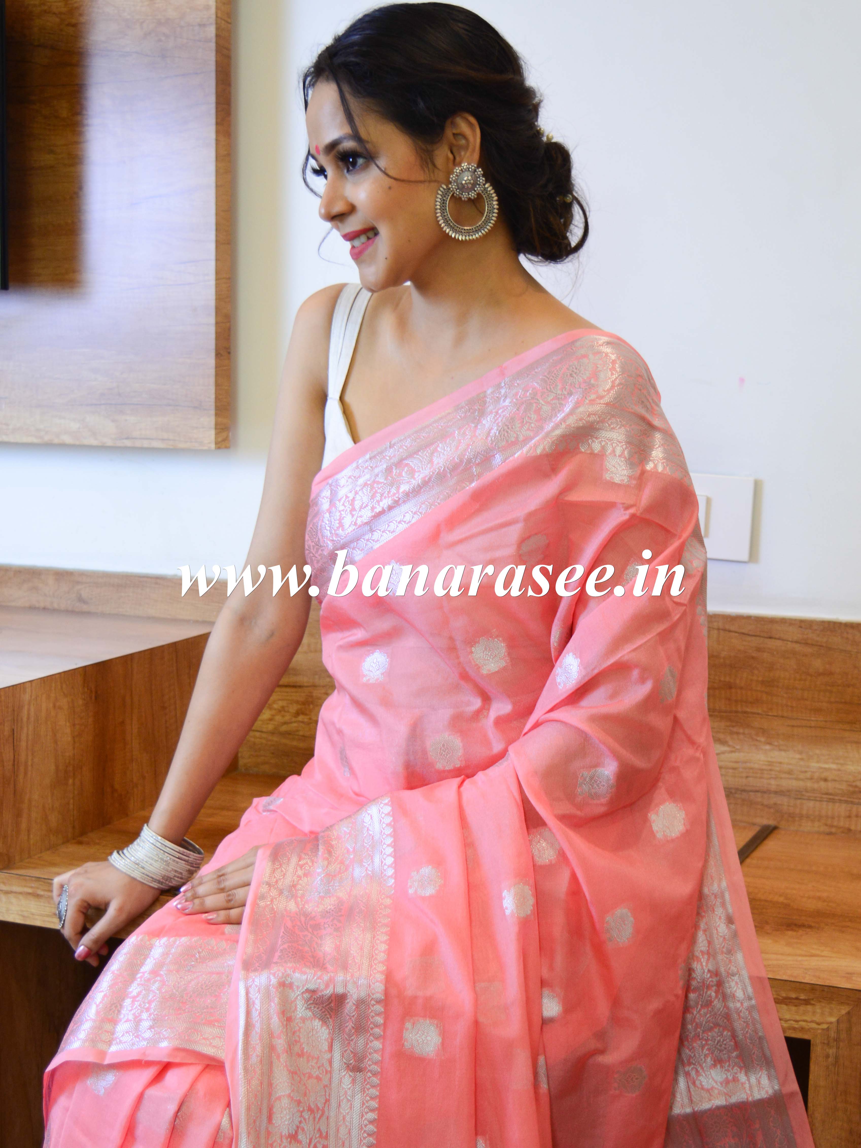 Banarasee Handwoven Semi-Chiffon Saree With Silver Zari Buta & Border-Peach