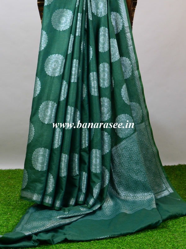 Banarasee Cotton Silk Saree With  Silver Zari Buta & Border-Green