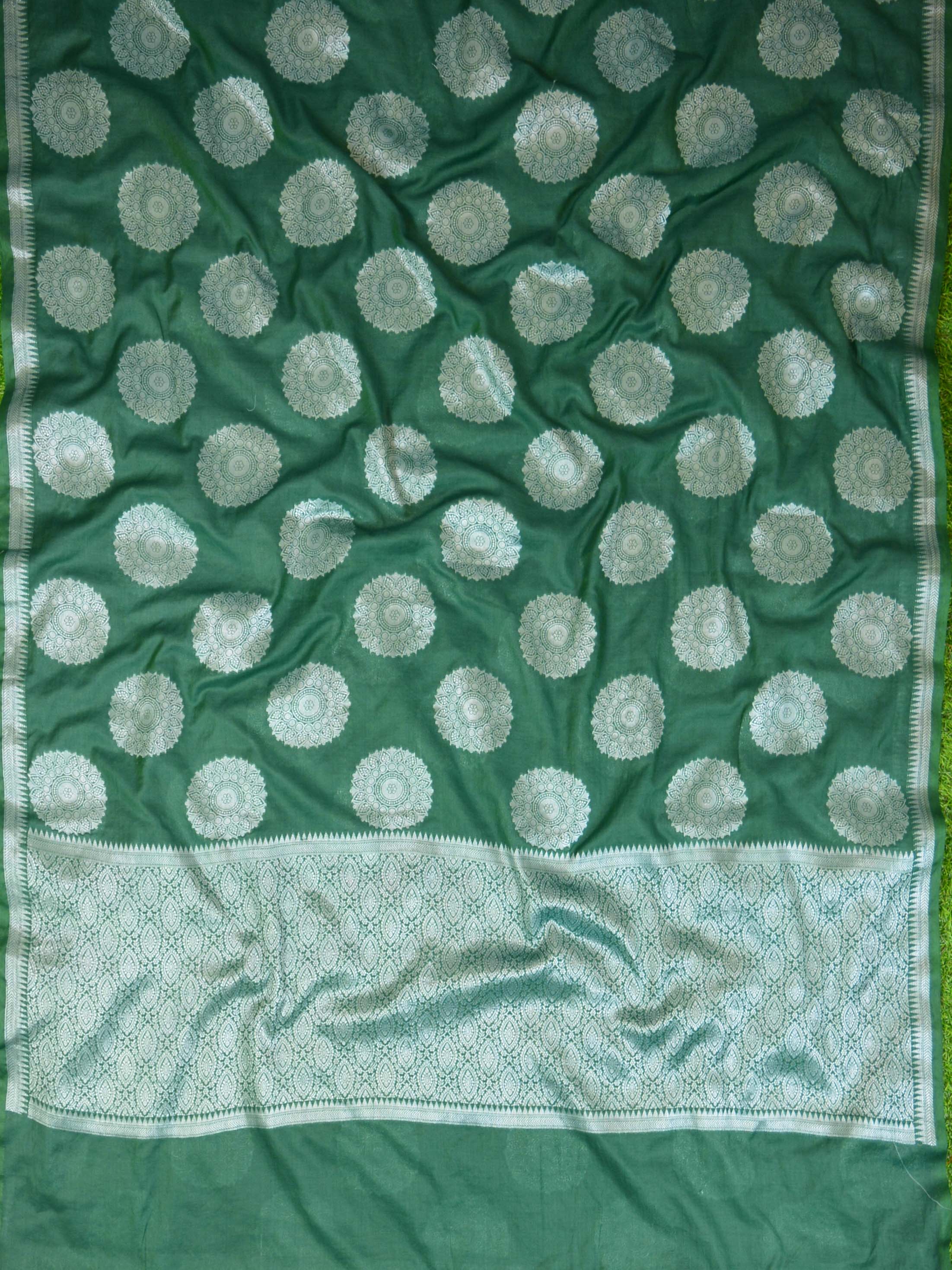 Banarasee Cotton Silk Saree With  Silver Zari Buta & Border-Green