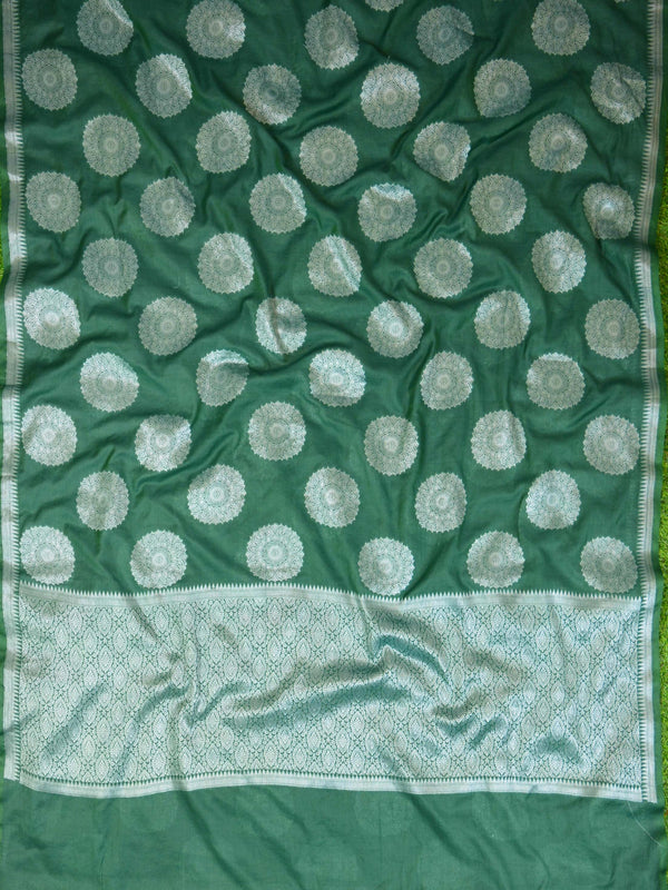 Banarasee Cotton Silk Saree With  Silver Zari Buta & Border-Green