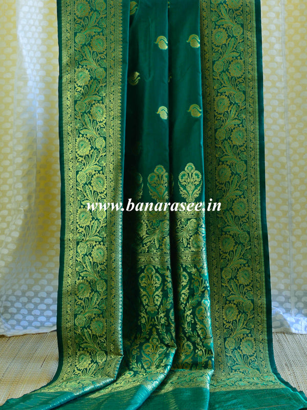 Banarasee Handwoven Semi-Katan Zari Weaving Saree-Green