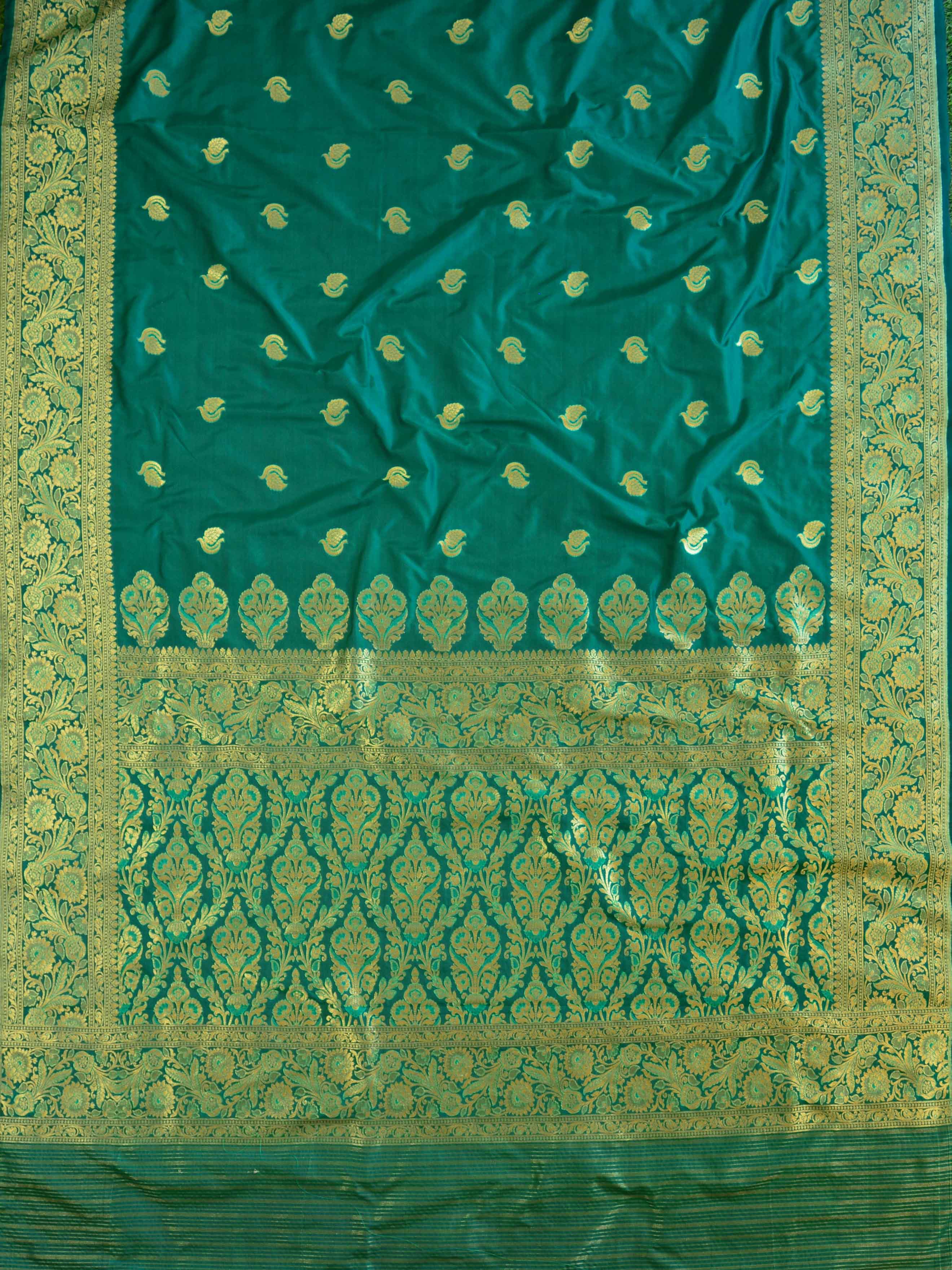 Banarasee Handwoven Semi-Katan Zari Weaving Saree-Green