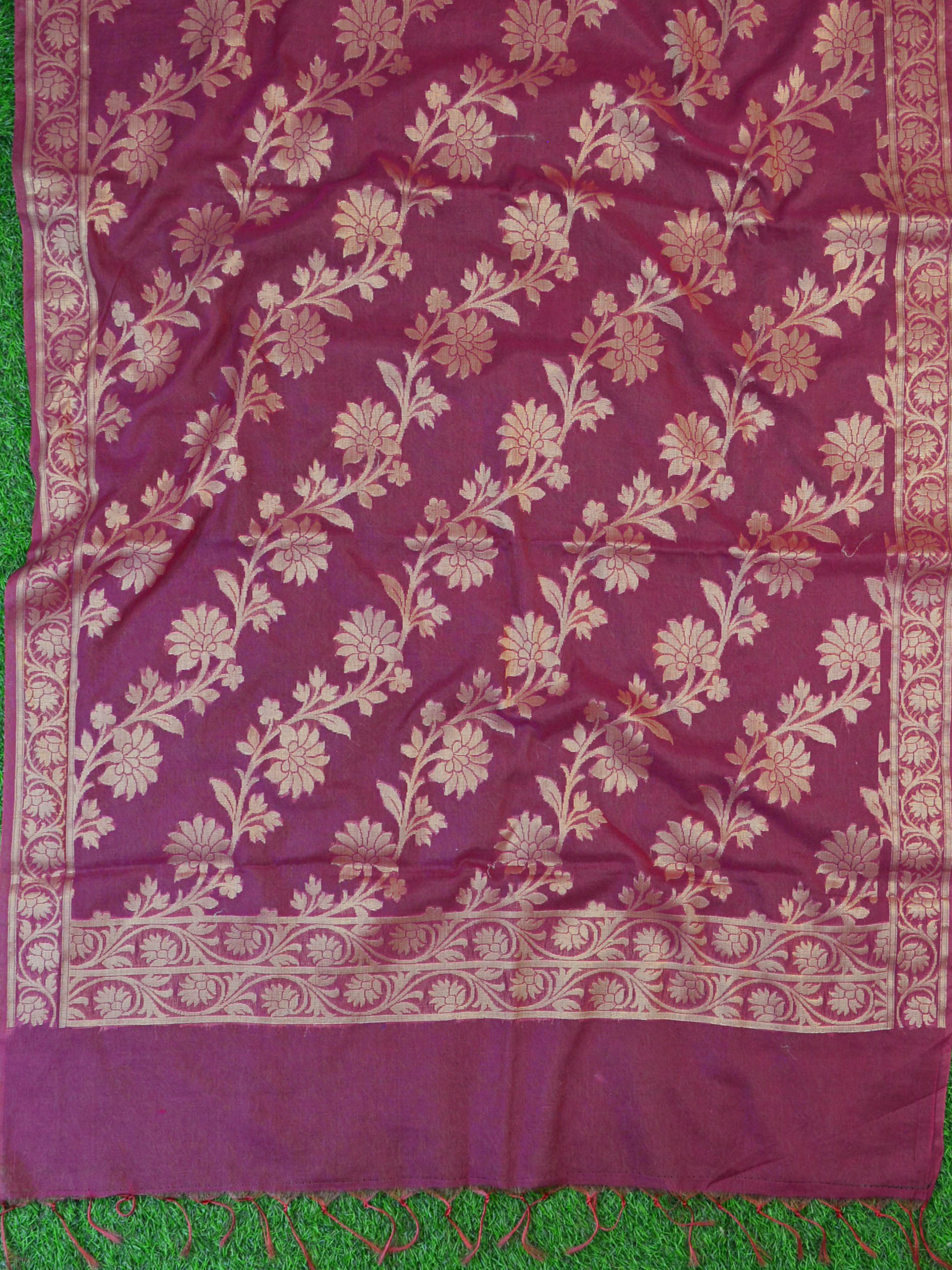 Banarasee Cotton Silk Zari Jaal Dupatta-Wine