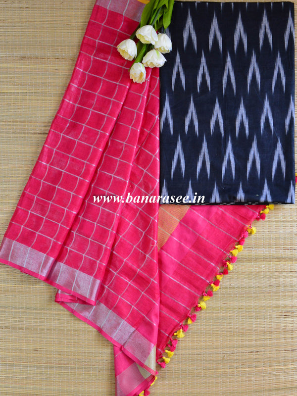 Bhagalpuri Pure Ikkat Kameez With Linen Dupatta-Black & Red