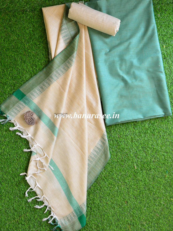 Handloom Khadi Cotton Salwar Kameez Dupatta Set-Green & Beige