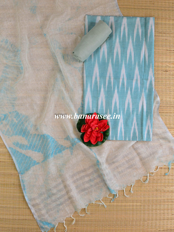 Bhagalpuri Ikkat Kameez With Shibori Dyed Linen Dupatta & Bottom-Green & White