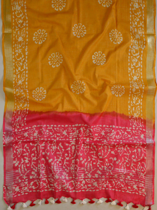 Bhagalpuri Pure Ikkat Kameez With Linen Cotton Batik Dupatta-yellow & Red