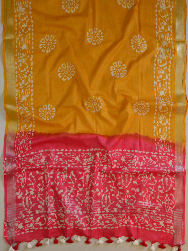 Bhagalpuri Pure Ikkat Kameez With Linen Cotton Batik Dupatta-yellow & Red