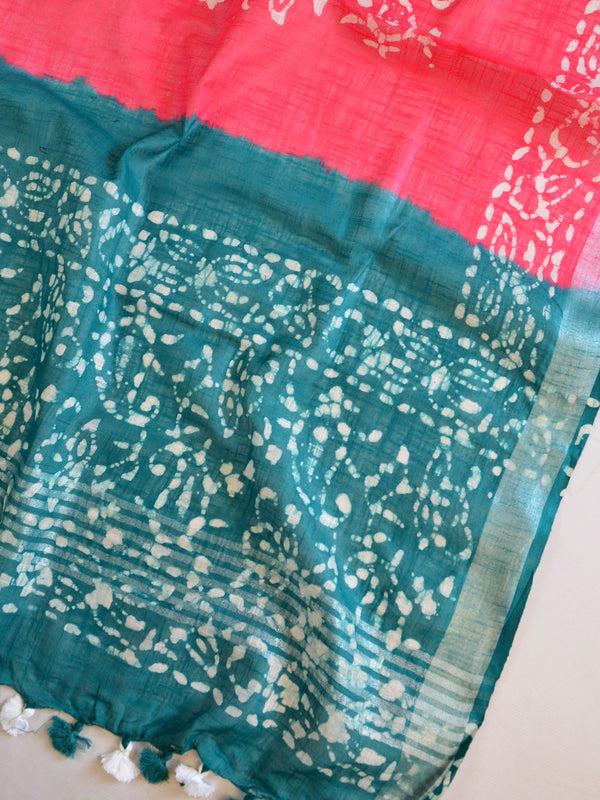 Bhagalpuri Pure Ikkat Kameez With Linen Cotton Batik Dupatta-Green & Red