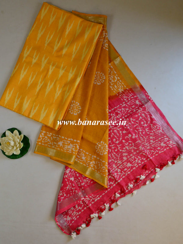 Bhagalpuri Pure Ikkat Kameez With Linen Cotton Batik Dupatta-yellow & Red