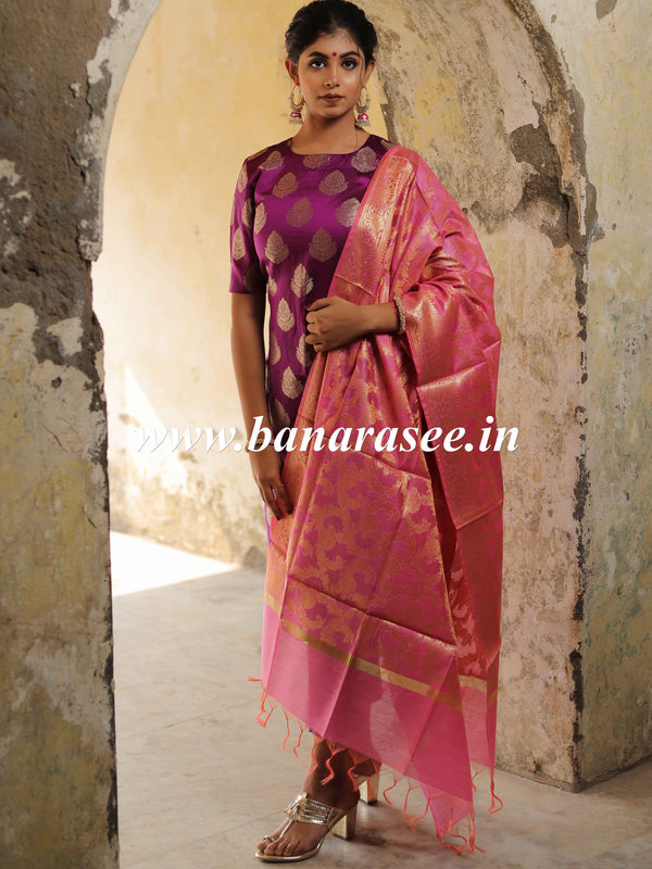 Banarasee Art Silk Buti Design Salwar Kameez Fabric With Contrast Dupatta-Purple & Pink
