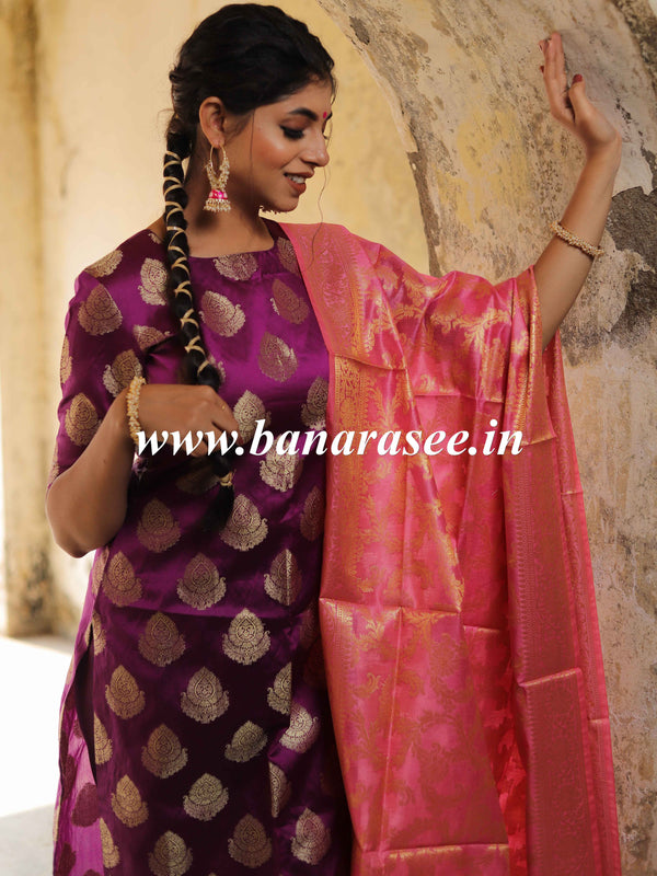 Banarasee Art Silk Buti Design Salwar Kameez Fabric With Contrast Dupatta-Purple & Pink