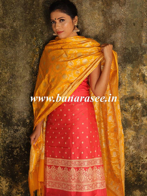 Banarasee Semi Katan Salwar Kameez Dupatta Set With Sona Rupa Zari Work-Peach & Yellow