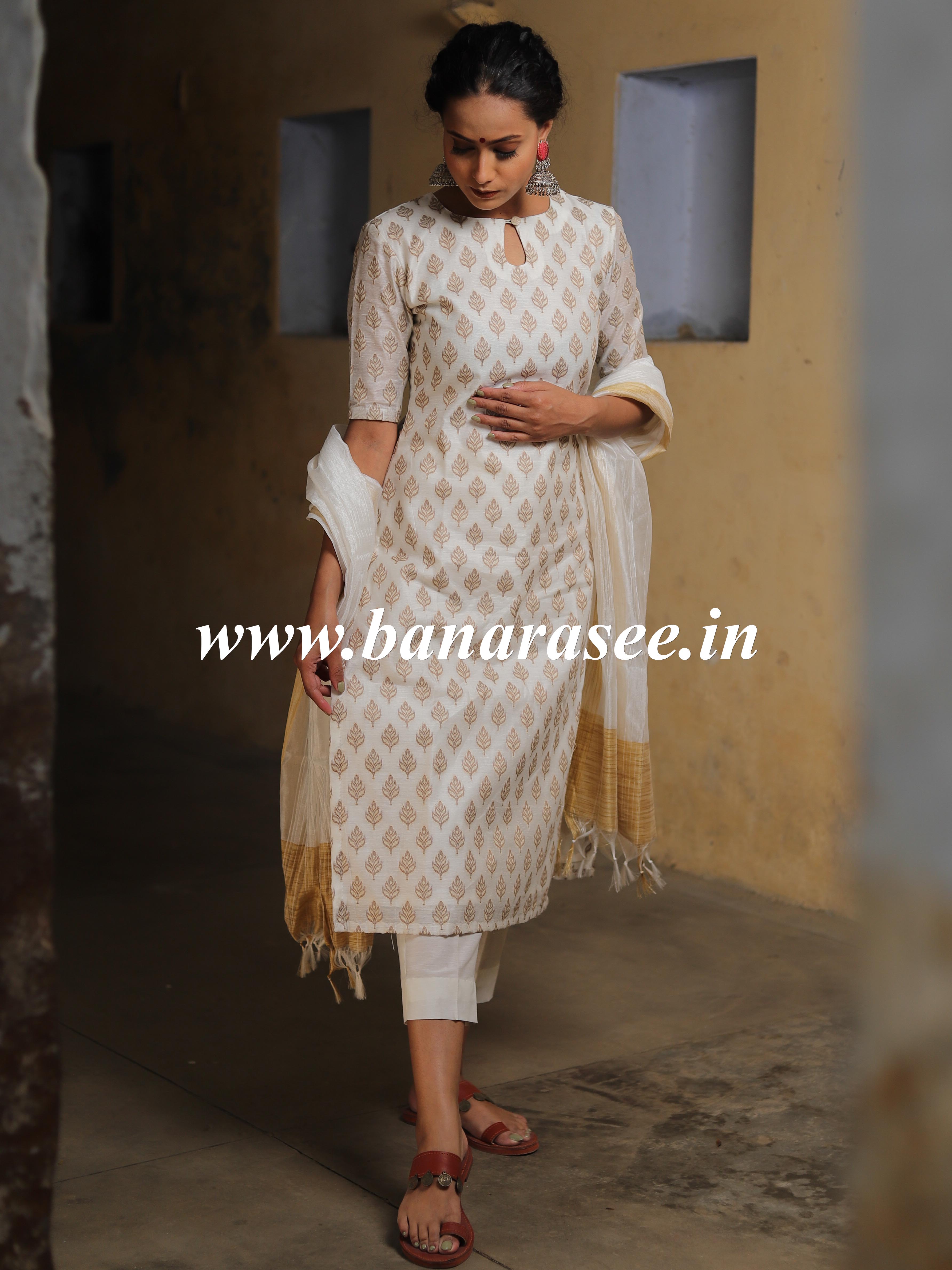 Banarasee Cotton Silk Salwar Kameez Ghichha Buti Fabric & Dupatta-White