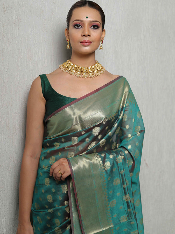 Banarasee Cotton Silk Zari Border & Buta Saree-Green