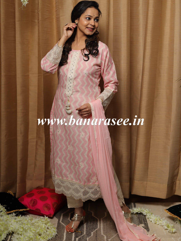 Banarasee Cotton Kurta Pants With Chiffon Dupatta Suit Set-Pink & White