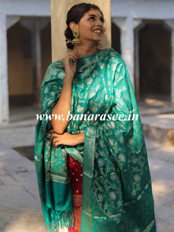 Banarasee Semi Katan Salwar Kameez Dupatta Set With Sona Rupa Zari Work-Red (Rust) & Green