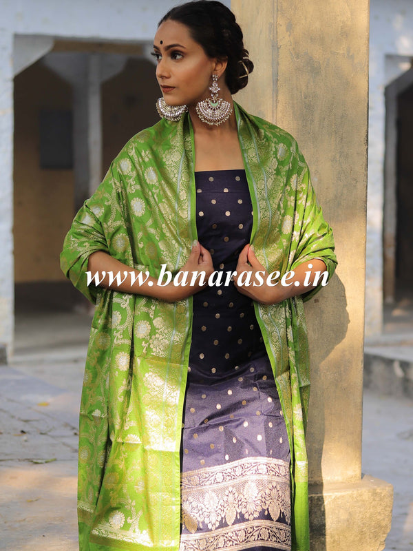 Banarasee Semi Katan Salwar Kameez Dupatta Set With Sona Rupa Zari Work-Deep Blue & Green