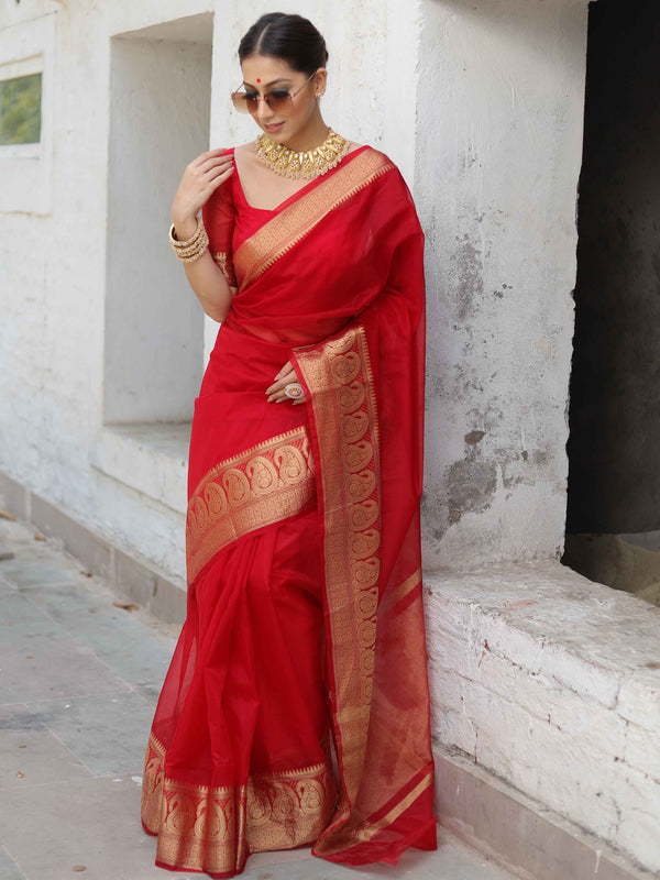 Banarasee Organza Mix Saree With Zari Border-Red