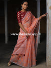 Banarasee Handwoven Organza Silk Embroidered Saree With Contrast Silk Cotton Blouse-Peach & Maroon